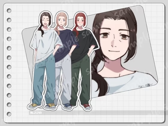 【手描き】立ち絵素材_228(中年女性全身カラー3種、表情10種、おまけPNG素材あり)