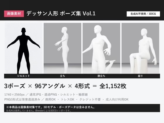 【画像素材】デッサン人形ポーズ集Vol.1/トレス素材・商用OK【基本3ポーズ×96アングル×4形式=1152枚/生成AI不使用・3DCG】※3Dモデルデータではありません
