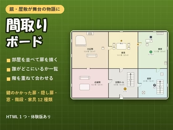 【推理・ホラー・TRPG・ノベル】部屋を並べて人と物を置く「間取りボード」見取り図・階・扉・家具