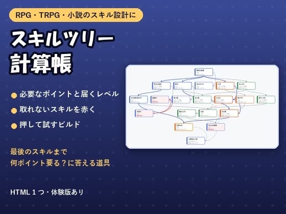 【ゲーム・TRPG・小説】スキルを前提の線でつなぐと、必要なポイントと届くレベルが出る「スキルツリー計算帳」