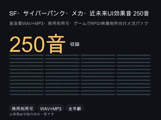 SF・サイバーパンク・メカ・近未来UI効果音メガパック 250音|端末操作・光学兵器・サーボ油圧・宇宙共鳴・緊急警報 WAV+MP3・商用可